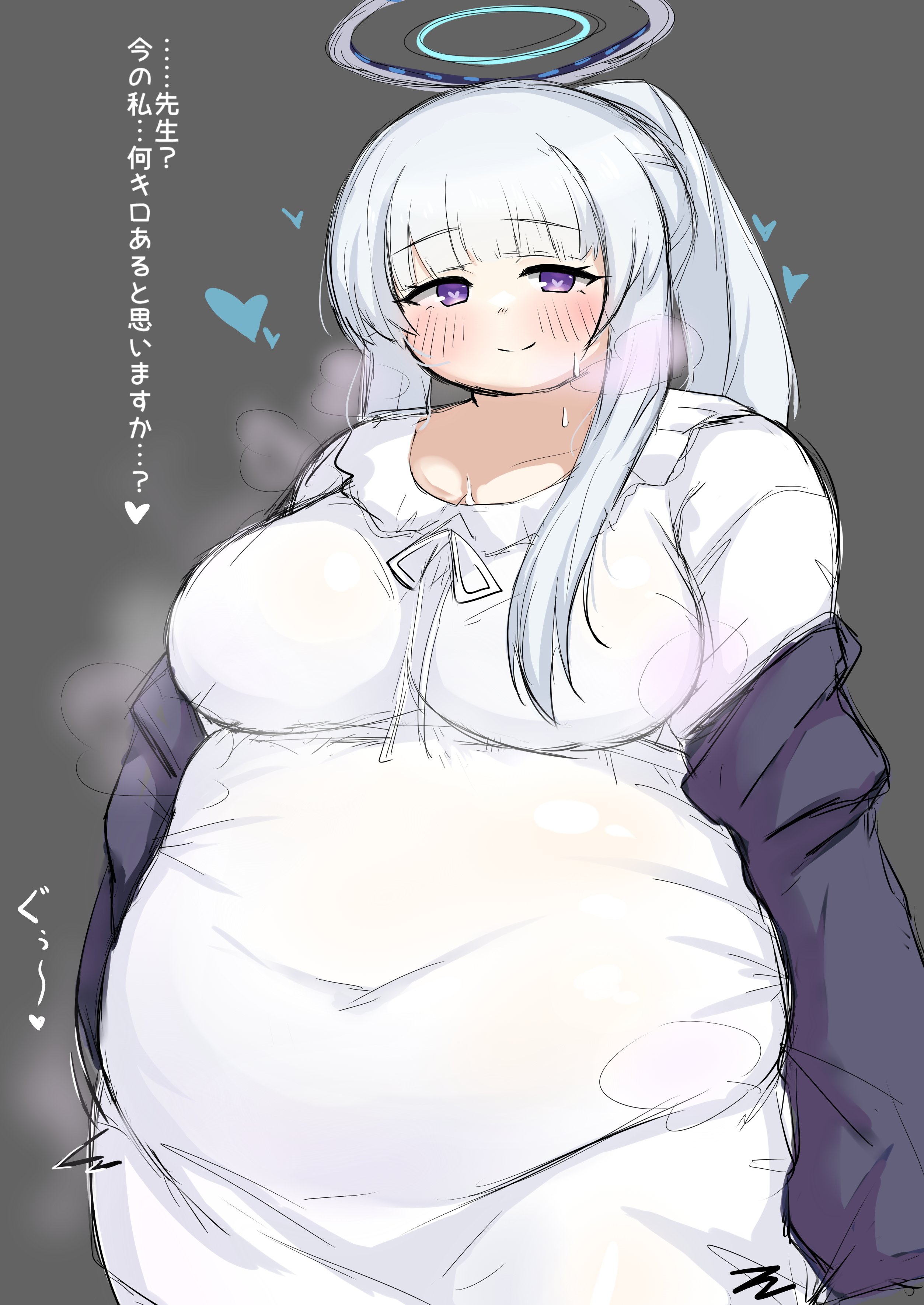 beacon fo, noa (blue archive), noa (pajamas) (blue archive), blue archive, 1girl, belly, blunt bangs, blush, breasts, covered navel, dress, fat, fat woman, grey background, halo, heart, heart-shaped pupils, jacket, japanese text, large breasts, long hair, off-shoulder jacket, off shoulder, open clothes, open jacket, pajamas, ponytail, purple eyes, sidelocks, smile, solo, standing, symbol-shaped pupils, white dress, white hair, white pajamas