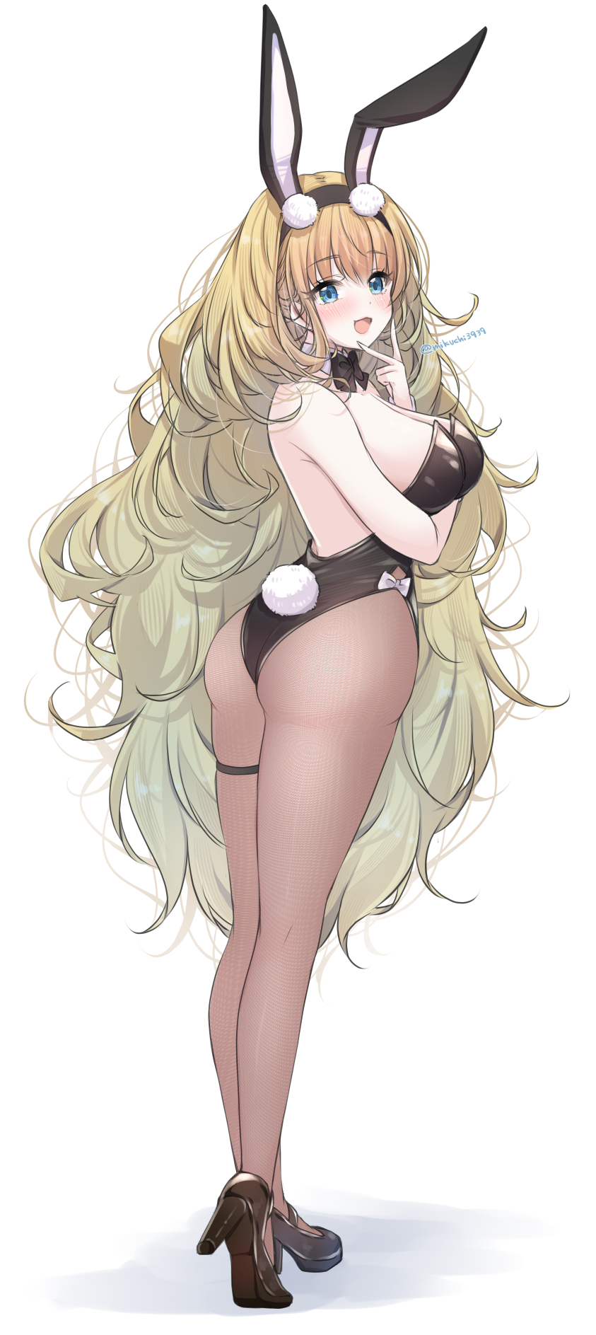 mikuchi3939, north carolina (azur lane), north carolina (the heart's desire) (azur lane), azur lane, highres, 1girl, animal ears, ass, back, black leotard, blonde hair, blue eyes, blush, bow, bowtie, breasts, brown pantyhose, cleavage, detached collar, fake animal ears, full body, large breasts, leotard, long hair, looking at viewer, looking back, official alternate costume, pantyhose, playboy bunny, rabbit ears, solo, strapless, strapless leotard, white background, wrist cuffs