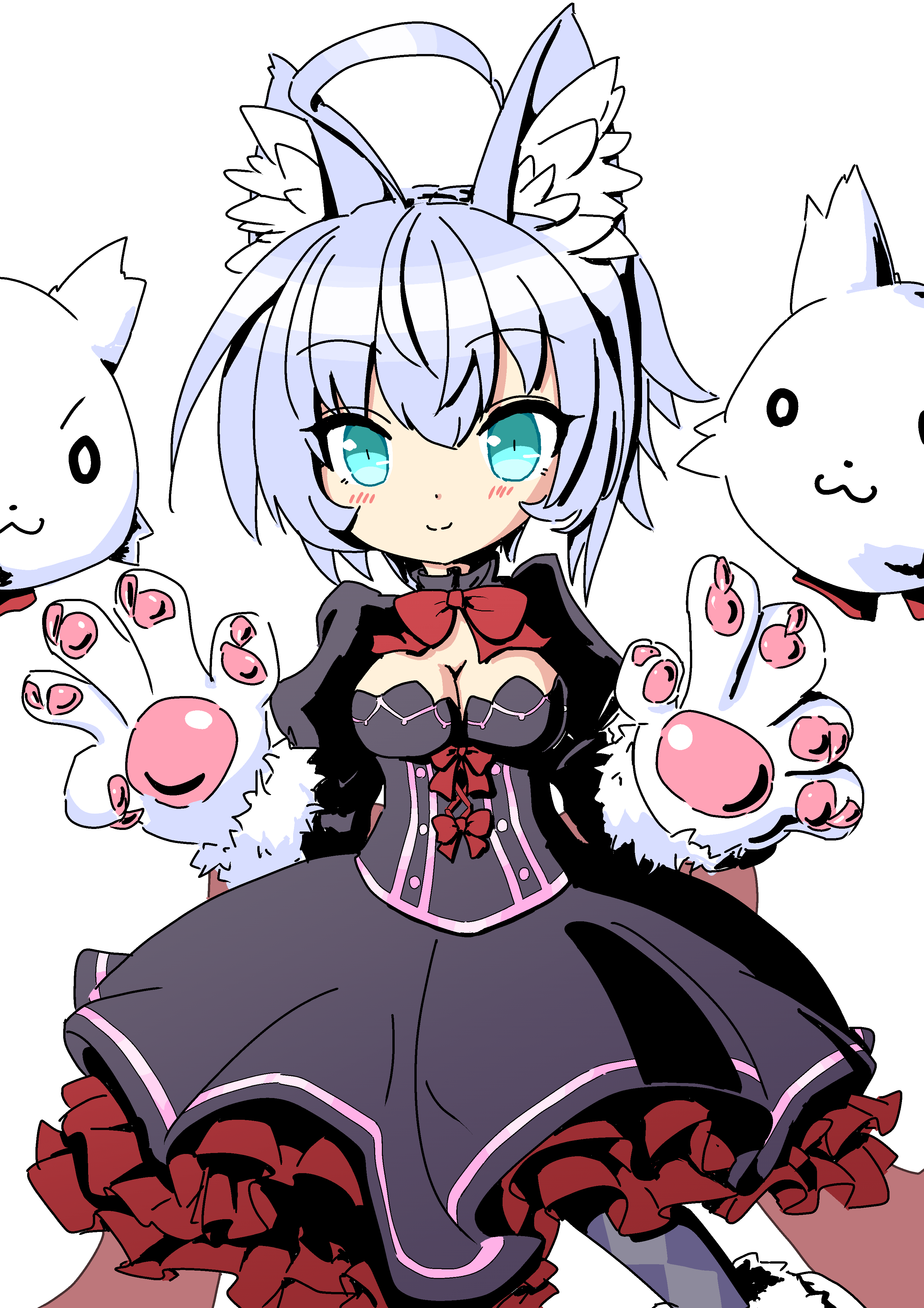 emil chronicle online, absurdres, highres, 1girl, ahoge, animal ears, animal hands, black dress, black thighhighs, blue eyes, breasts, cerberus (eco), cleavage, dog ears, dog girl, dress, familiar, frilled dress, frills, frolyflow2, gloves, large breasts, light smile, necktie, paw gloves, paw shoes, red dress, red necktie, red ribbon, ribbon, thighhighs, two-tone dress, white background, white hair