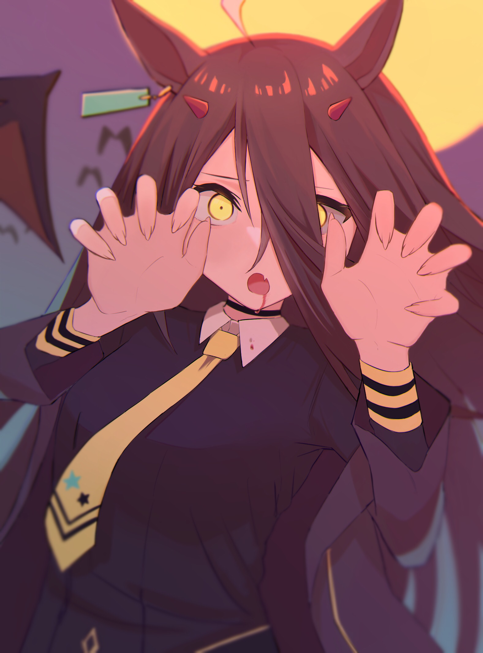 luca (luca 0520), manhattan cafe (umamusume), umamusume, highres, 1girl, against glass, ahoge, animal ears, bat (animal), black choker, black coat, black hair, black shirt, blood, blood from mouth, breast press, breasts, breasts on glass, choker, claw pose, coat, collared shirt, contrast collar, demon horns, ear ornament, ear tag, earrings, full moon, hair between eyes, halloween, hands up, horns, horse ears, horse girl, jewelry, long hair, long hair between eyes, long sleeves, looking at viewer, moon, multicolored hair, necktie, open clothes, open coat, shirt, single earring, small breasts, solo, very long hair, white hair, yellow eyes, yellow necktie
