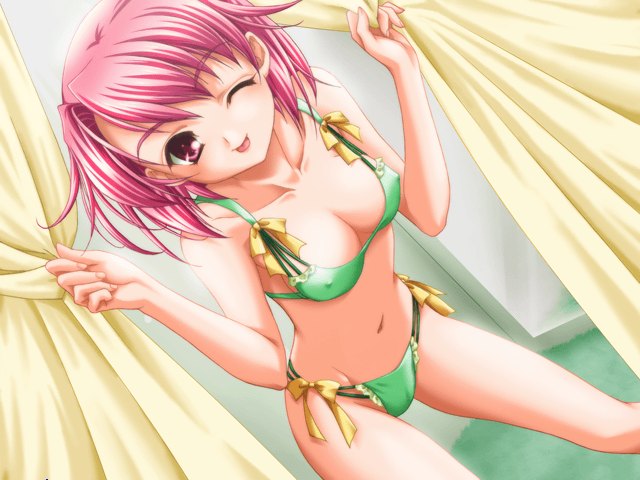 lugosi ela, momoi chinatsu, futarijime, game cg, 1girl, bikini, bow, breasts, covered erect nipples, female focus, green bikini, green theme, medium breasts, one eye closed, pink eyes, pink hair, ribbon, short hair, solo, swimsuit, tongue, wink, yellow bow
