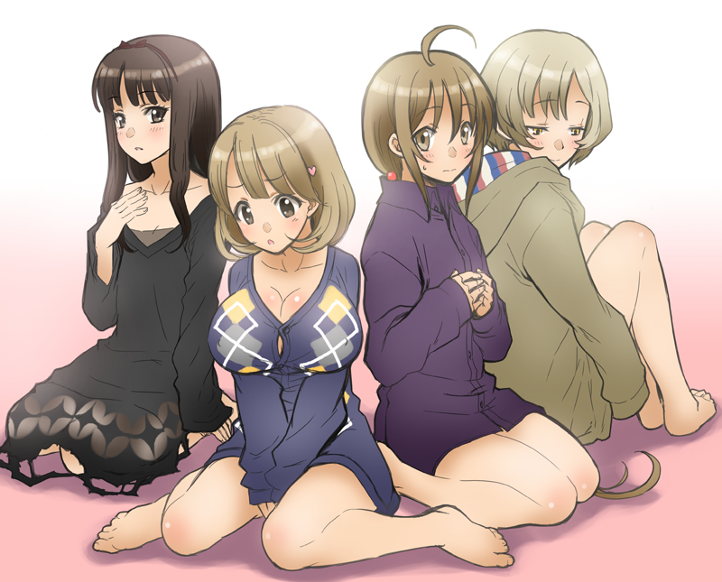 takano (yotakanoyume), aikawa miyuu, gamon yuuta, hashigami sarai, moritsuka shun, narusawa ryouka, occultic;nine, science adventure, 4girls, :o, ahoge, barefoot, black hair, black jacket, blonde hair, blue cardigan, blush, breasts, brown eyes, brown hair, burgundy hairband, button gap, cardigan, cosplay, embarrassed, gamon yuuta (cosplay), hair ornament, hairband, hairclip, hairpin, hashigami sarai (cosplay), heart, heart hair ornament, huge breasts, hugging own legs, jacket, kisaki asuna, kneeling, kusakabe kiryuu, kusakabe kiryuu (cosplay), looking at viewer, looking down, moritsuka shun (cosplay), multiple girls, narrowed eyes, open mouth, purple hairband, purple shirt, shiny skin, shirt, sidelocks, simple background, sitting, toenails, toes, tongue, wariza, white shirt, yellow eyes