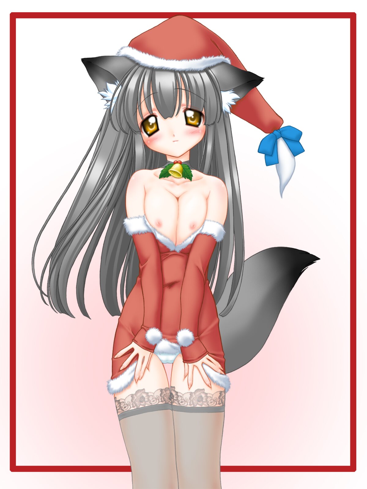 nakajima konta, highres, 1girl, animal ears, bare shoulders, black hair, black thighhighs, blue panties, breast press, breasts, breasts squeezed together, cat ears, cat tail, christmas, cleavage, clothes lift, detached sleeves, dress, dress lift, female focus, long hair, neck bell, nipples, panties, santa costume, small breasts, solo, standing, tail, thigh gap, thighhighs, thighs, underwear, yellow eyes
