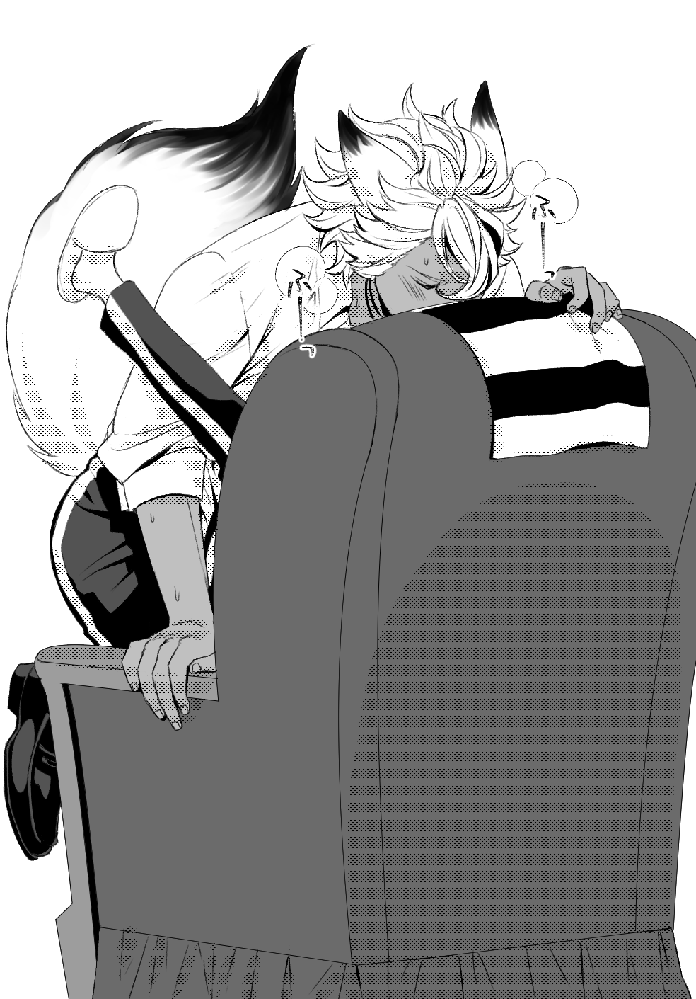 kmkm puddiiiing, jack howl, yuu (twisted wonderland), twisted wonderland, commentary request, highres, 1boy, 1girl, animal ears, armchair, blush, chair, closed eyes, hetero, kiss, legs up, night raven college uniform, short hair, simple background, tail, white background, wolf boy, wolf ears, wolf tail