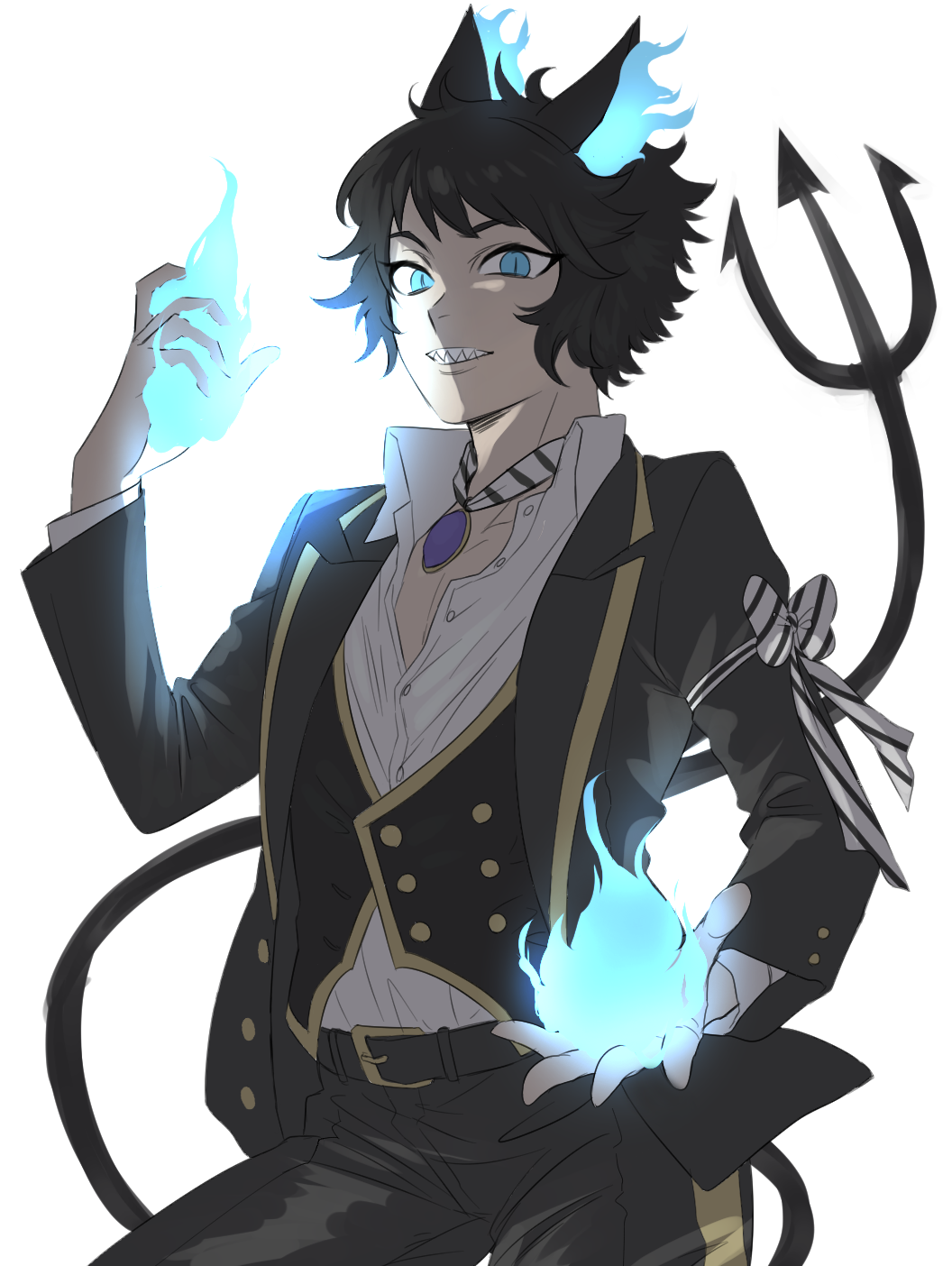 kmkm puddiiiing, grim (twisted wonderland), twisted wonderland, commentary request, highres, 1boy, animal ears, black hair, black vest, blue eyes, blue fire, cat ears, cowboy shot, demon tail, fire, flaming ears, looking at viewer, male focus, night raven college uniform, personification, pyrokinesis, sharp teeth, short hair, simple background, slit pupils, solo, tail, teeth, vest, white background