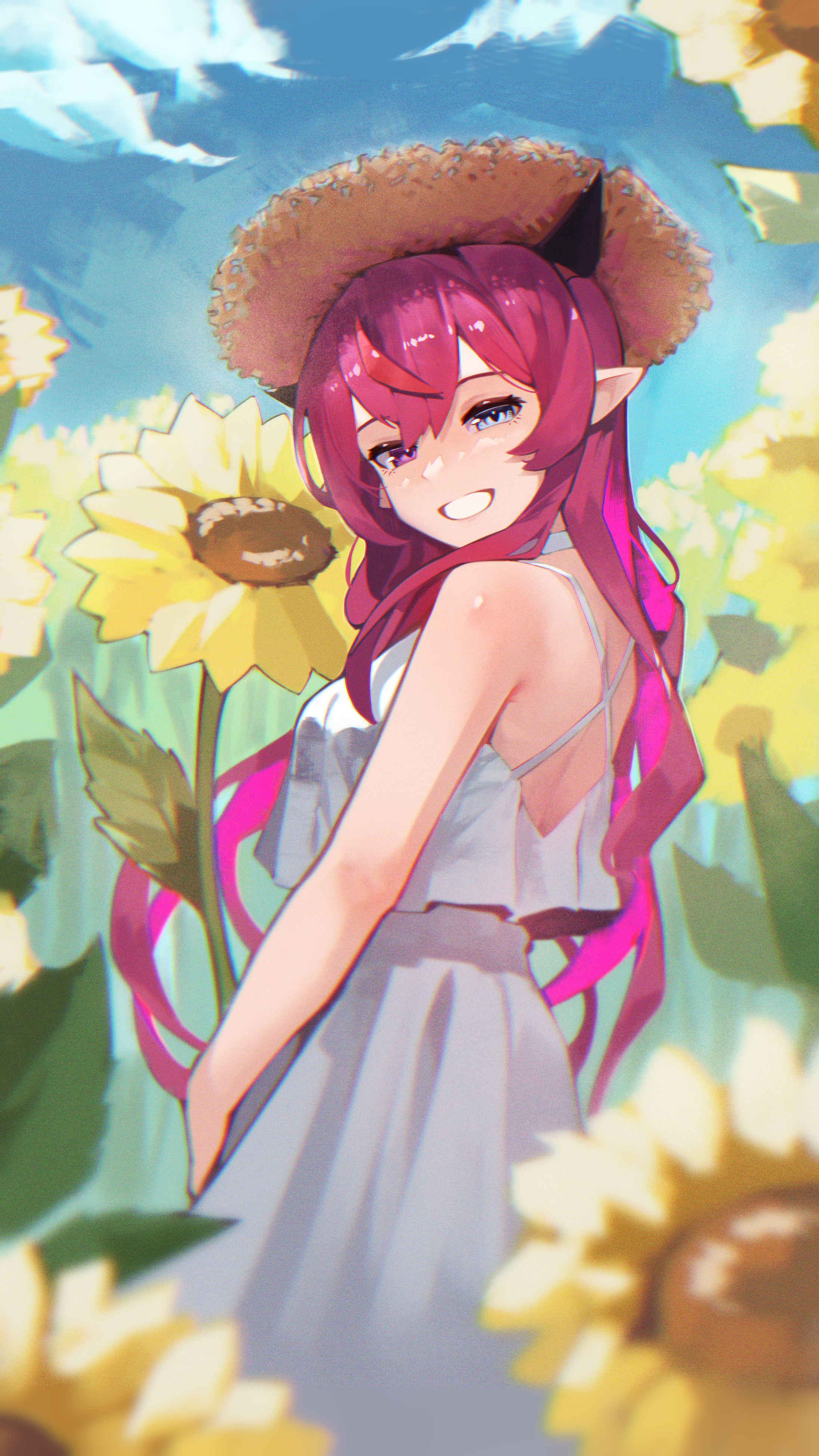 namiorii, irys (hololive), hololive, hololive english, absurdres, highres, 1girl, alternate costume, blue eyes, blue sky, cloud, criss-cross back-straps, crossed bangs, day, double-parted bangs, dress, grin, hair between eyes, hat, heterochromia, horns, long hair, looking at viewer, outdoors, pointy ears, purple eyes, purple hair, red hair, sky, sleeveless, sleeveless dress, smile, solo, straw hat, sun hat, sundress, swimsuit, very long hair, virtual youtuber, white dress