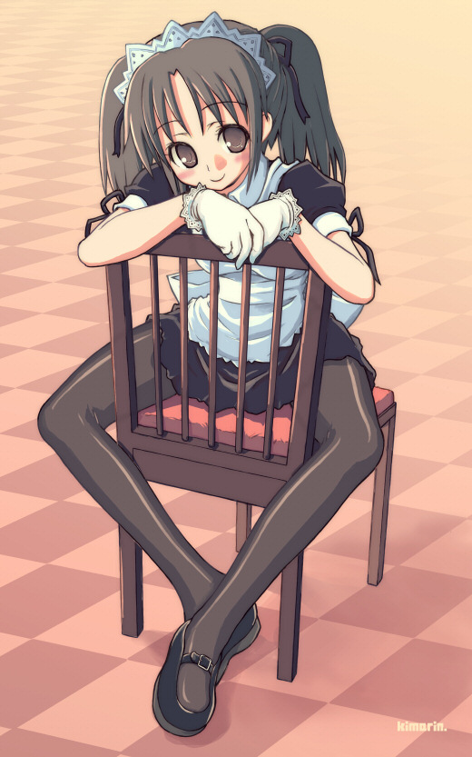 kimarin, 1girl, artist name, blush, chair, checkered floor, female focus, gloves, maid, maid headdress, on chair, pantyhose, perspective, sitting, sitting backwards, smile, solo, twintails