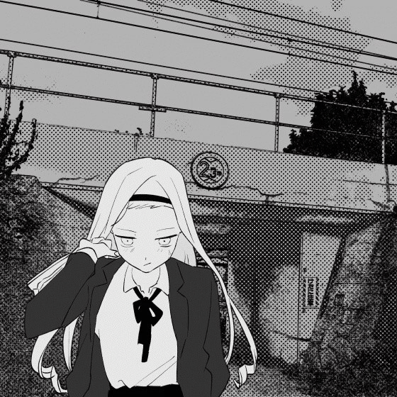 kirarazaka marina, kuze shizuka, takopii, takopii no genzai, animated, animated gif, commentary, 2girls, bag, black hair, blonde hair, blush, bow, bowtie, bridge, long hair, monochrome, multiple girls, sateko, school bag, school uniform, short hair, smile, sparkle, tsundere, yuri
