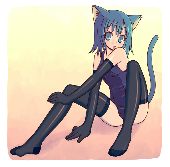 kimarin, 1girl, animal ears, black gloves, black thighhighs, cat ears, cat tail, elbow gloves, female focus, gloves, licking, one-piece swimsuit, school swimsuit, solo, swimsuit, tail, thighhighs, tongue