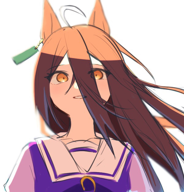 luca (luca 0520), manhattan cafe (umamusume), umamusume, 1girl, bow, bowtie, ear ornament, ear tag, earrings, floating hair, jewelry, long hair, parted lips, purple bow, purple bowtie, purple shirt, sailor collar, school uniform, shirt, simple background, single earring, smile, solo, tracen school uniform, two-tone shirt, very long hair, white background, white sailor collar, white shirt, yellow eyes