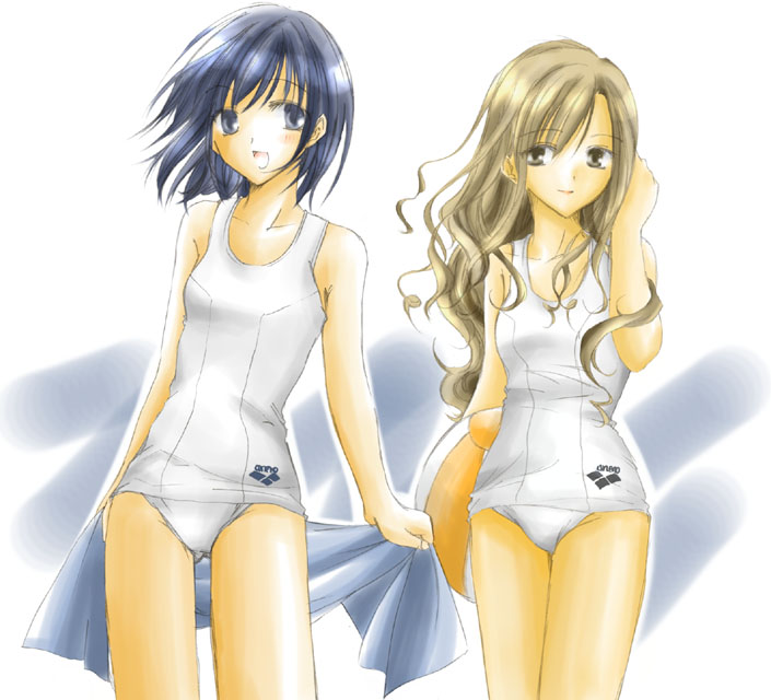 nijou noriko, toudou shimako, maria-sama ga miteru, 00s, one-piece swimsuit, school swimsuit, swimsuit, towel, white one-piece swimsuit, white school swimsuit