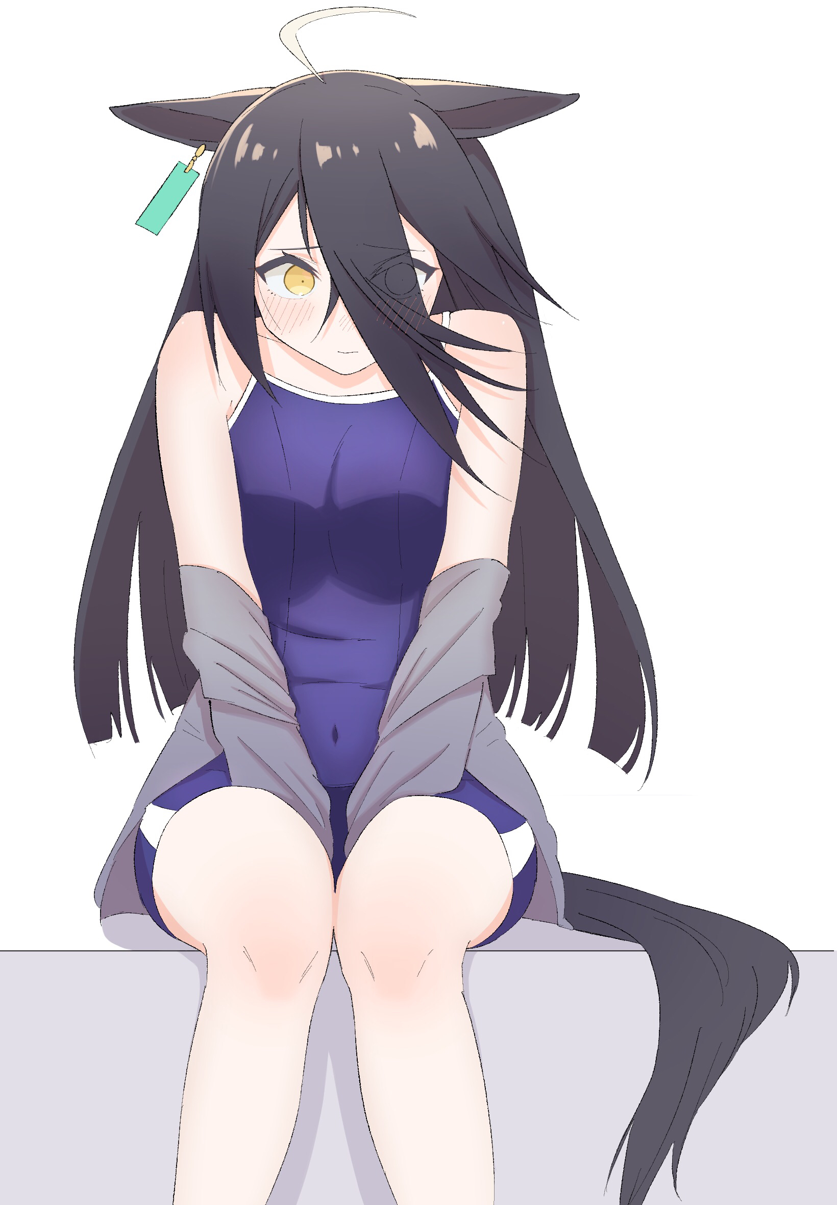 luca (luca 0520), manhattan cafe (umamusume), umamusume, highres, 1girl, animal ears, blue one-piece swimsuit, blush, breasts, covered navel, ear ornament, ear tag, earrings, ears down, embarrassed, eyes visible through hair, green jacket, hair between eyes, hand between thighs, horse ears, horse girl, horse tail, jacket, jewelry, long bangs, long hair, long hair between eyes, long sleeves, multicolored hair, off shoulder, one-piece swimsuit, open clothes, open jacket, school swimsuit, single earring, small breasts, solo, swimsuit, tail, tracen swimsuit, very long hair, white hair, yellow eyes