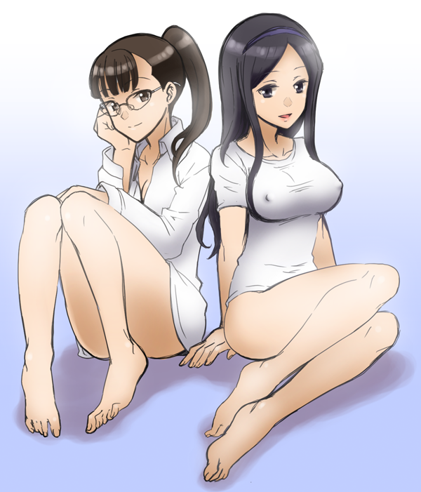 takano (yotakanoyume), nishizono ririka, sumikaze touko, occultic;nine, science adventure, 2girls, barefoot, black hair, breasts, brown eyes, brown hair, collarbone, convenie, covered erect nipples, dress shirt, glasses, hairband, hand on own cheek, hand on own face, high ponytail, large breasts, long hair, looking at viewer, medium breasts, multiple girls, naked shirt, open collar, open mouth, ponytail, purple hairband, round eyewear, shiny skin, shirt, sitting, smile, t-shirt, thick thighs, thighs, toenails, tongue, white shirt