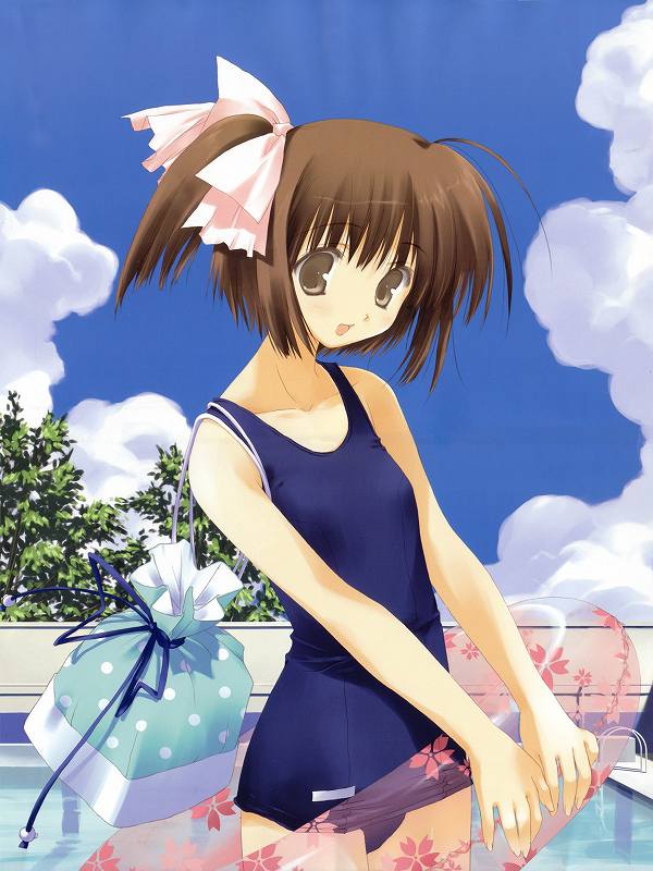 mitsumi misato, kida emiri, yuzuhara konomi, tenshi no inai 12-gatsu, to heart (series), to heart 2, 00s, 1girl, blue one-piece swimsuit, female focus, head tilt, innertube, one-piece swimsuit, school swimsuit, solo, swim ring, swimsuit, thighs