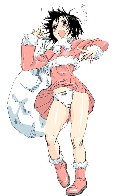 satou atsuki, original, 1girl, black eyes, black hair, blush, boots, christmas, dress, female focus, panties, pantyshot, pink boots, pink skirt, red dress, red skirt, santa costume, short hair, skirt, solo, standing, underwear, upskirt, white panties, wind, wind lift