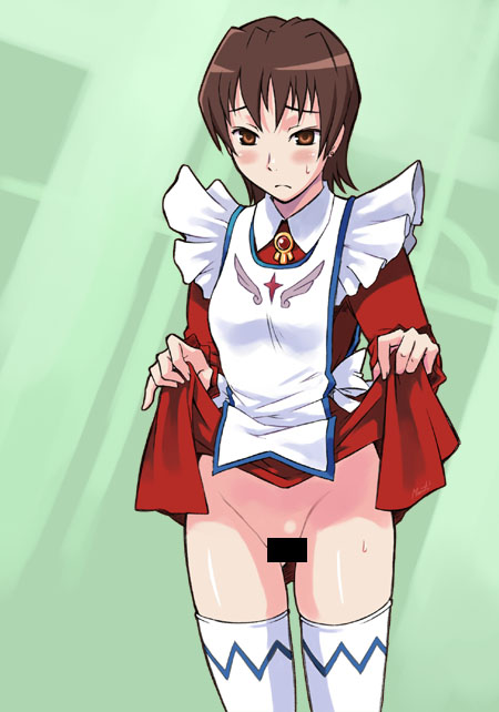 maruto!, lilie (my-otome), my-otome, 00s, 1girl, bar censor, censored, clothes lift, female focus, garderobe uniform, lifting own clothes, long sleeves, no panties, skirt, skirt lift, solo, thighhighs