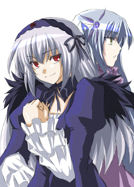 sukoburu80, barasuishou, suigintou, rozen maiden, silver hair, 00s, 2girls, hair between eyes, multiple girls, red eyes, simple background, white background, wings