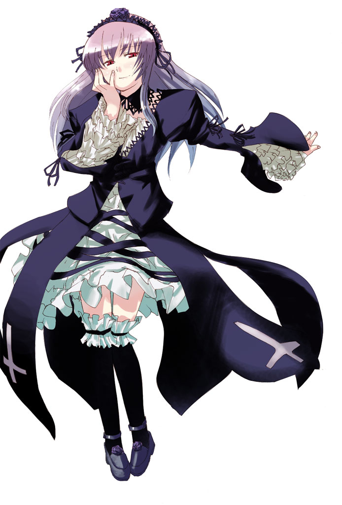 hota, suigintou, rozen maiden, 00s, 1girl, black shoes, blush, choker, cross, cross-laced clothes, cross print, dress, female focus, flower, frilled sleeves, frills, full body, hairband, hand on own face, long hair, looking at viewer, over-kneehighs, purple dress, purple hair, rose, shoes, simple background, smile, solo, standing, thighhighs, white background, zettai ryouiki
