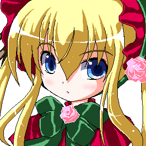 utanone shion, shinku, rozen maiden, lowres, 00s, 1girl, blonde hair, blue eyes, female focus, flower, long hair, simple background, solo, upper body, white hair