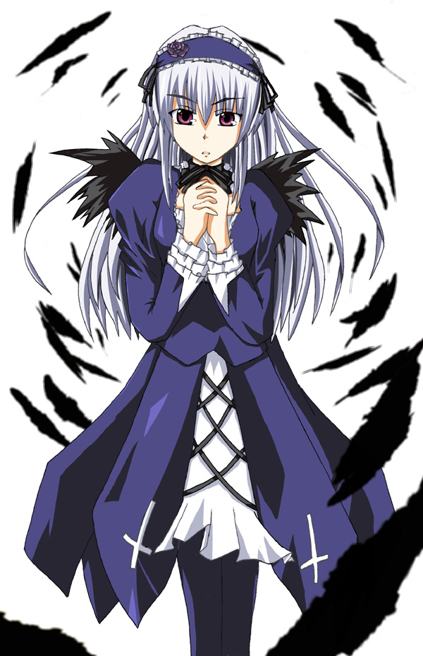 uta (utaite), suigintou, rozen maiden, silver hair, 00s, 1girl, feathers, female focus, pink eyes, simple background, solo, white background