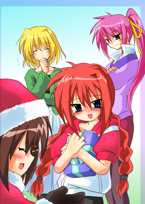 isshitaira, shamal, signum, vita (nanoha), yagami hayate, lyrical nanoha, mahou shoujo lyrical nanoha, mahou shoujo lyrical nanoha a's, 00s, 4girls, :d, blonde hair, blue eyes, blush, bow, braid, brown hair, christmas, closed eyes, gift, hair ornament, hair ribbon, long hair, multiple girls, open mouth, pantyhose, pink hair, ponytail, red hair, ribbon, santa costume, short hair, smile, twin braids