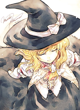 tokiame, kirisame marisa, touhou, lowres, 1girl, blonde hair, character name, closed eyes, female focus, hat, long hair, solo, white background, witch hat