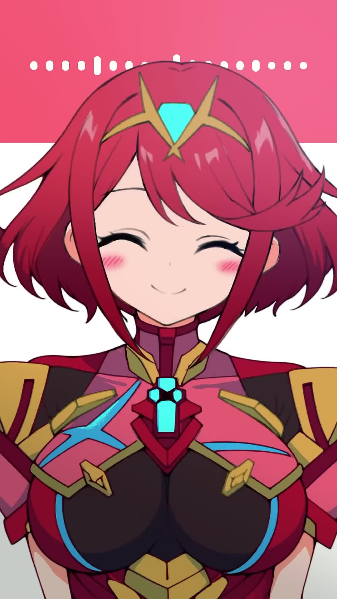 kakk e, pyra (xenoblade), xenoblade chronicles (series), xenoblade chronicles 2, animated, audible music, commentary request, highres, looping animation, sound, tagme, video, 1girl, :d, akage (vocaloid), aqua hair, armor, blonde hair, blush, bouncing, breasts, closed eyes, closed mouth, color switch, core crystal (xenoblade), earrings, fingerless gloves, gloves, gold trim, green hair, hair color switch, hand up, hands on own chest, hands up, impossible clothes, jewelry, large breasts, medium hair, open mouth, palette swap, pointing, pointing up, purple hair, red eyes, red hair, shoulder armor, sidelocks, simple background, smile, swept bangs, tiara, upper body