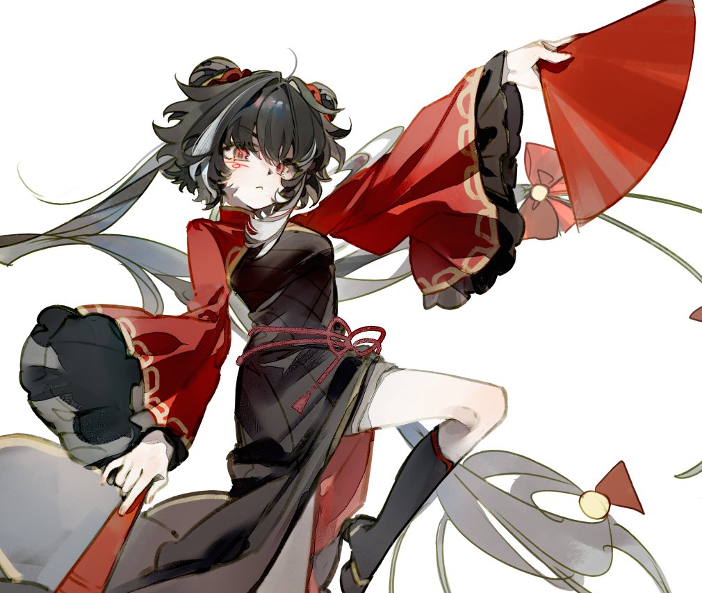 jia xichun (project moon), limbus company, project moon, 1girl, 66167e3d, black dress, black hair, black shoes, bow, chinese clothes, double bun, dress, hair bun, hand fan, long hair, long sleeves, looking at viewer, multicolored hair, pink eyes, red bow, red shrug, rope belt, shoes, simple background, solo, standing, streaked hair, twintails, upper body, white background, white streaks