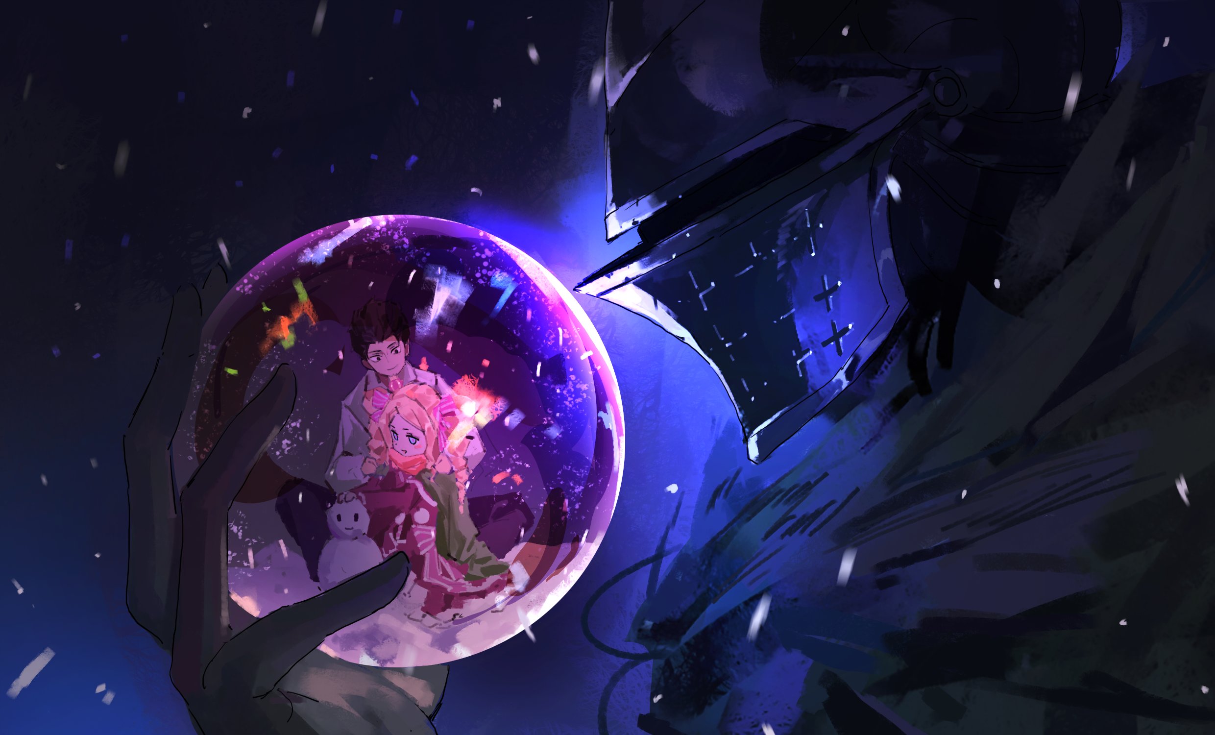 ro ka ro ka, aldebaran (re:zero), beatrice (re:zero), natsuki subaru, re:zero kara hajimeru isekai seikatsu, highres, 1girl, 2boys, coat, crystal ball, curse seal, dark background, glowing, glowing eyes, helmet, multiple boys, night, orb, reflection, scarf, snow, snowing, snowman