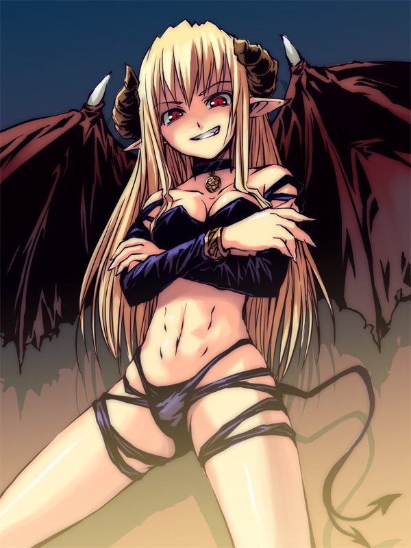 bosshi, original, 1girl, abs, blonde hair, bracelet, collar, crossed arms, demon girl, demon tail, female focus, grin, horns, jewelry, long hair, navel, pentacle, pointy ears, red eyes, smile, smirk, solo, tail, wings