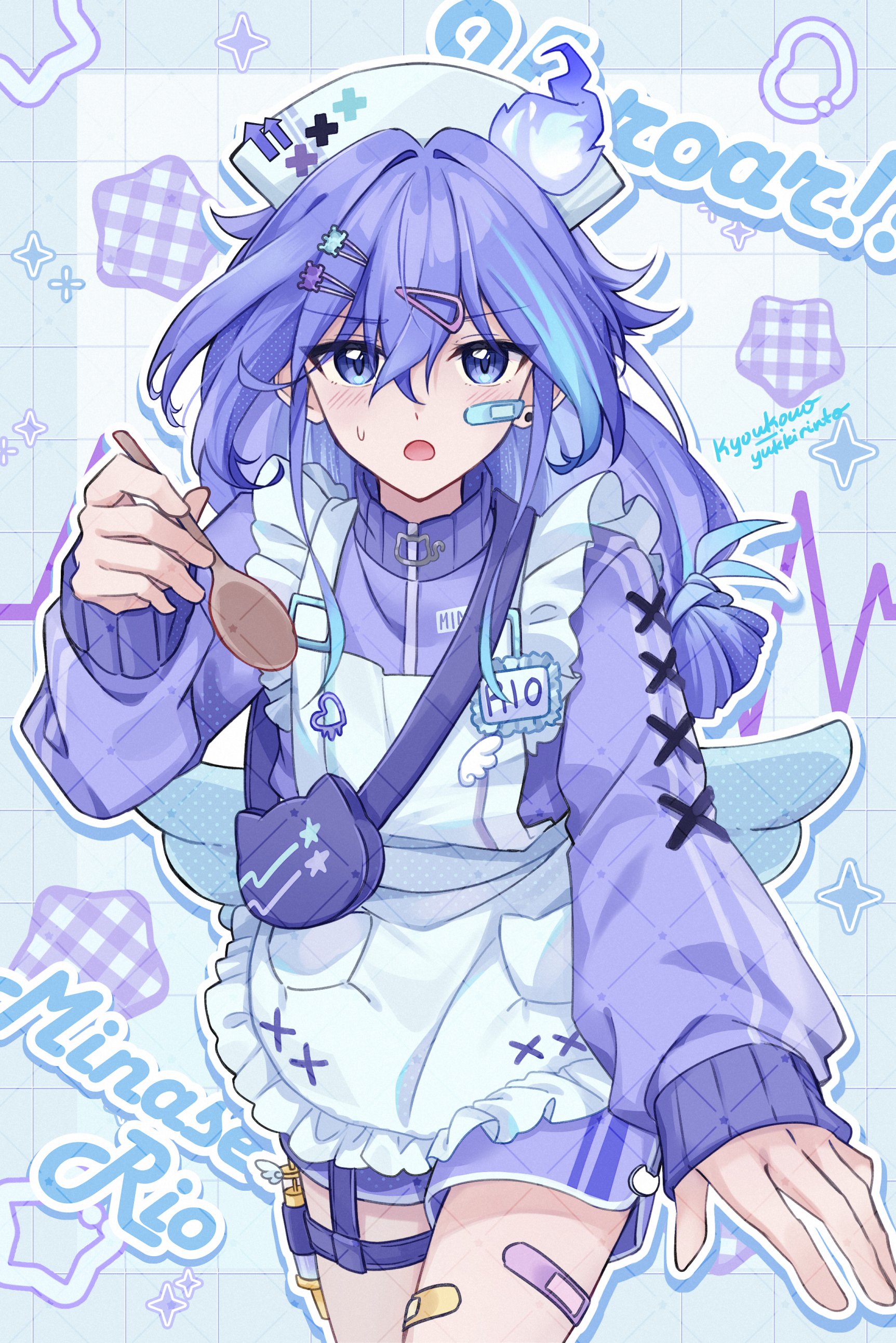 kyoukouo, minase rio, holostars, absurdres, commentary, highres, symbol-only commentary, 1boy, :o, androgynous, angel wings, animal bag, apron, bag, bandaid, bandaid on face, bandaid on thigh, blue background, blue hair, blush, cat bag, cat o-ring, character name, chestnut mouth, cross-laced clothes, cross-laced sleeves, crossdressing, crossdressing (mtf), dolphin shorts, frilled apron, frills, hair ornament, hairclip, hat, hitodama, holding, holding spoon, holster, jacket, jersey maid, long hair, long sleeves, low wings, maid, male focus, multicolored hair, name tag, nurse cap, o-ring, open mouth, outstretched arm, purple bag, purple hair, purple jacket, purple shorts, shorts, shoulder bag, solo, spoon, star (symbol), streaked hair, sweatdrop, syringe, syringe holster, tenshi kaiwai, thigh holster, trap, unconventional maid, virtual youtuber, white apron, wings