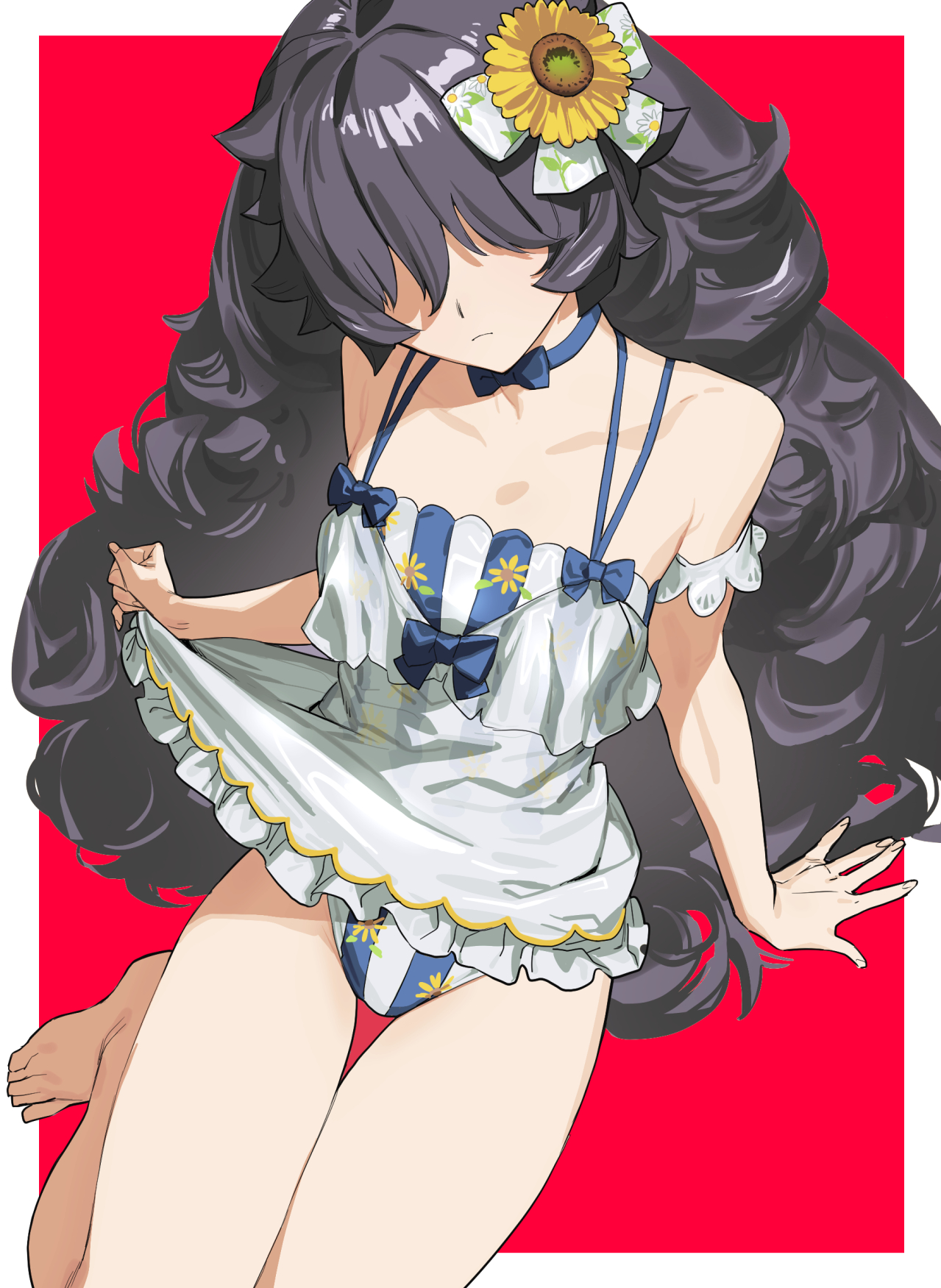 soosaresu, alastor (megido72), megido72, highres, 1girl, barefoot, black hair, breasts, casual one-piece swimsuit, choker, expressionless, flower, hair flower, hair ornament, hair over eyes, long hair, looking at viewer, one-piece swimsuit, sitting, small breasts, solo, swimsuit, thigh gap, very long hair