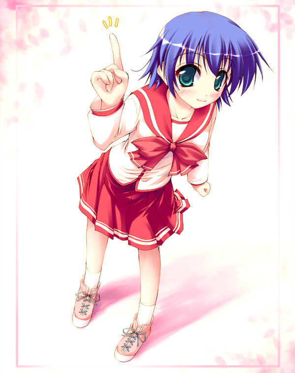 onsokuzekuu, tonami yuma, to heart (series), to heart 2, 00s, 1girl, :3, aqua eyes, blue hair, blush, bow, collarbone, female focus, full body, green eyes, index finger raised, looking at viewer, perspective, pointing, school uniform, serafuku, shadow, shoes, short hair, smile, sneakers, socks, solo, standing