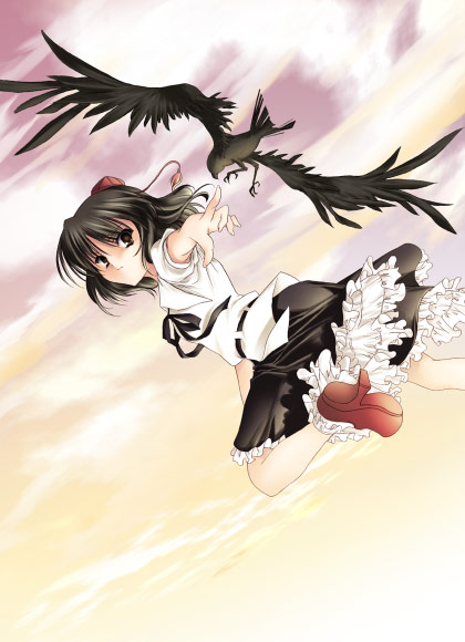 ayase hazuki, shameimaru aya, touhou, 1girl, bird, black dress, black eyes, black hair, dress, female focus, geta, gradient background, hat, pink background, red eyes, ribbon, shoes, short hair, smile, solo, tengu-geta, tokin hat, yellow background
