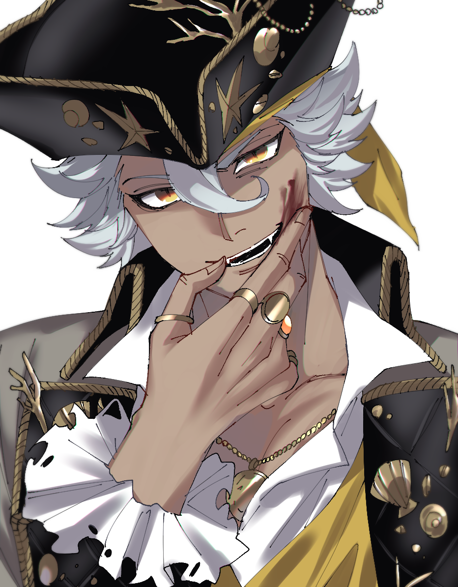 kmkm puddiiiing, jack howl, twisted wonderland, commentary request, 1boy, black coat, blood, blood on face, coat, dark-skinned male, dark skin, fangs, frilled sleeves, frills, grey hair, hand on own face, hat, jack howl (halloween), jewelry, looking at viewer, male focus, multiple rings, necklace, open mouth, pirate, pirate hat, ring, short hair, simple background, slit pupils, solo, upper body, white background, wiping face, yellow eyes