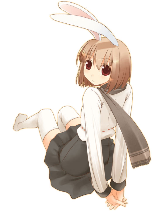 jirou (chekoro), original, 1girl, animal ears, arms behind back, black skirt, brown hair, brown scarf, female focus, from behind, full body, interlocked fingers, looking at viewer, rabbit ears, red eyes, ribbon trim, scarf, shirt, short hair, simple background, skirt, solo, thighhighs, white background, white shirt, white thighhighs, zettai ryouiki