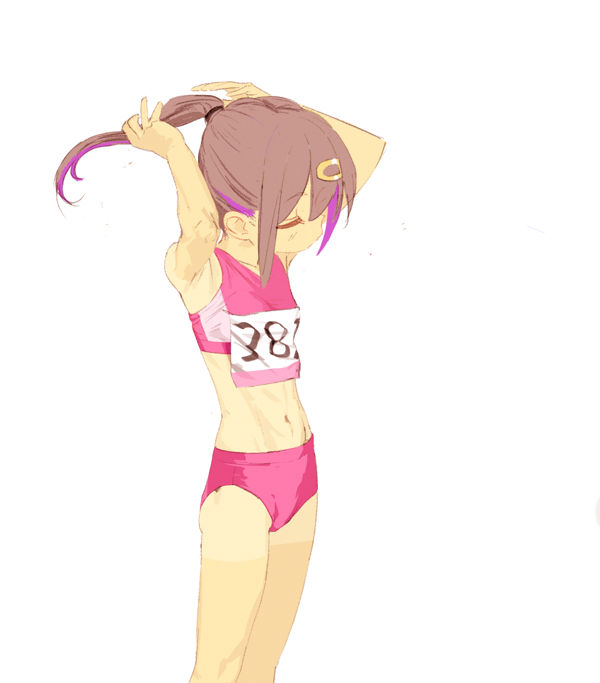 pakio, oyama mihari, onii-chan wa oshimai!, highres, 1girl, breasts, brown hair, closed eyes, navel, ponytail, small breasts, solo, sports bikini, track uniform, tying hair