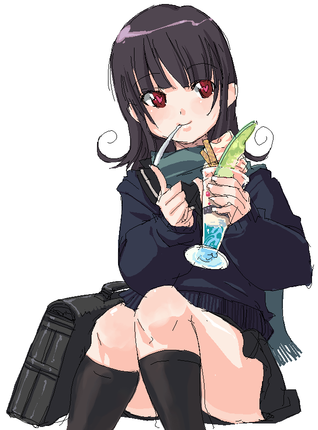 onija tarou, original, bag, black hair, food, heart, heart-shaped pupils, ice cream, oekaki, parfait, red eyes, scarf, school bag, school uniform, serafuku, sitting, solo, sundae, sweater, symbol-shaped pupils