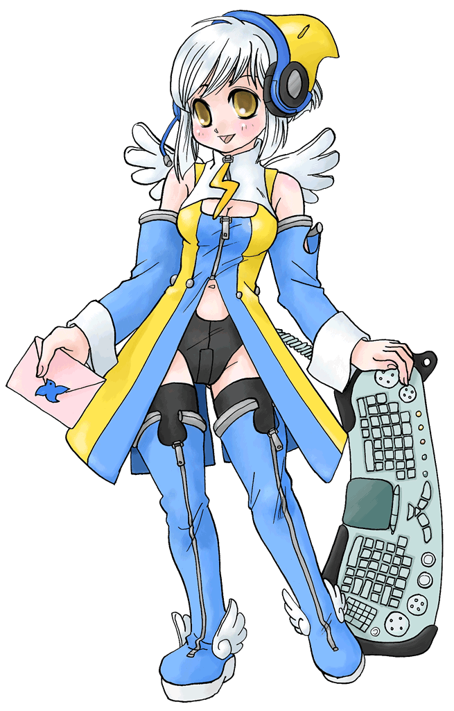 mozilla thunderbird, os-tan, silver hair, 1girl, :d, bare shoulders, black thighhighs, blue boots, blush, boots, breasts, brown eyes, cleavage, computer keyboard, detached sleeves, female focus, full body, headphones, headset, keyboard, long sleeves, medium breasts, navel, open mouth, short shorts, shorts, smile, solo, standing, thigh boots, thighhighs, transparent background, white background, wings, yellow eyes, zettai ryouiki, zipper