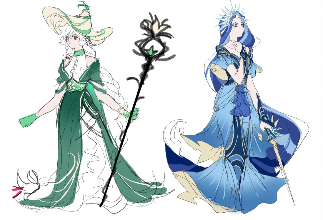 geruideyundongxie, sea fairy cookie, white lily cookie, cookie run, cookie run: kingdom, commentary, english commentary, 2girls, absurdly long hair, arms at sides, bare shoulders, blue bridal gauntlets, blue dress, blue eyes, blue eyeshadow, blue hair, braid, bridal gauntlets, closed mouth, clothing cutout, collarbone, colored eyelashes, comb over, crown, dress, expressionless, eyeshadow, flower, gloves, green dress, green gloves, hair flower, hair ornament, halter dress, halterneck, hand on own chest, hat, holding, holding staff, holding sword, holding weapon, humanization, long dress, long hair, looking at viewer, looking up, makeup, mermaid dress, multicolored hair, multiple girls, red eyes, short sleeves, shoulder cutout, side-by-side, side braid, sideways glance, simple background, sketch, staff, standing, streaked hair, sword, two-sided dress, two-sided fabric, two-tone dress, very long hair, weapon, white background, white dress, white flower, white hair, witch hat, yellow dress, yellow hat