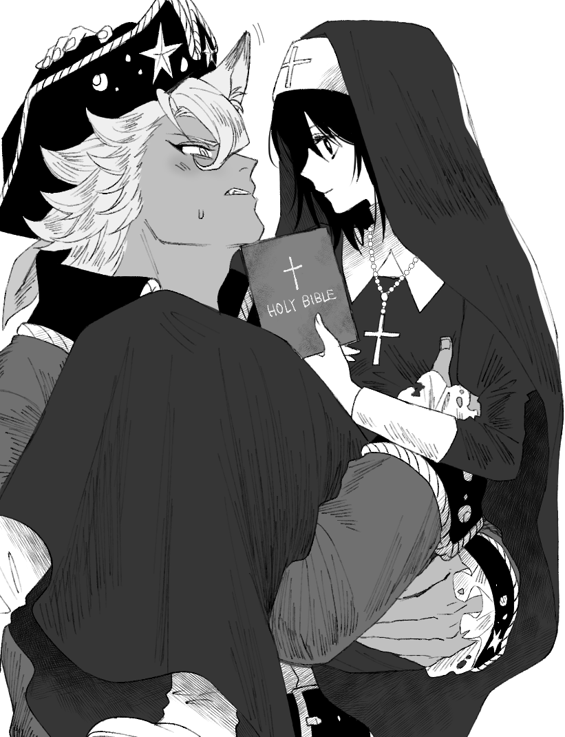 kmkm puddiiiing, jack howl, yuu (twisted wonderland), twisted wonderland, commentary request, 1boy, 1girl, animal ears, bible (object), blush, book, carrying, coat, cross, cross necklace, dress, eye contact, fang, greyscale, hat, hetero, holding, holding book, jewelry, juliet sleeves, long sleeves, looking at another, monochrome, necklace, nun, pirate, pirate hat, princess carry, puffy sleeves, simple background, slit pupils, traditional nun, white background, wolf boy, wolf ears