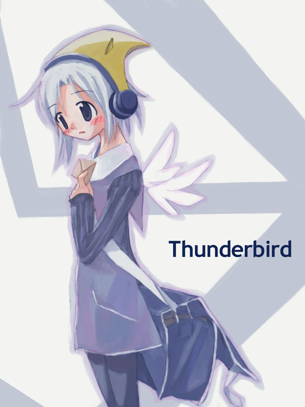 mozilla thunderbird, os-tan, silver hair, 1girl, :o, bag, black pantyhose, blue eyes, blush, carrying over shoulder, character name, female focus, grey background, hat, headphones, long sleeves, pantyhose, parted lips, purple vest, school bag, short hair, simple background, solo, vest