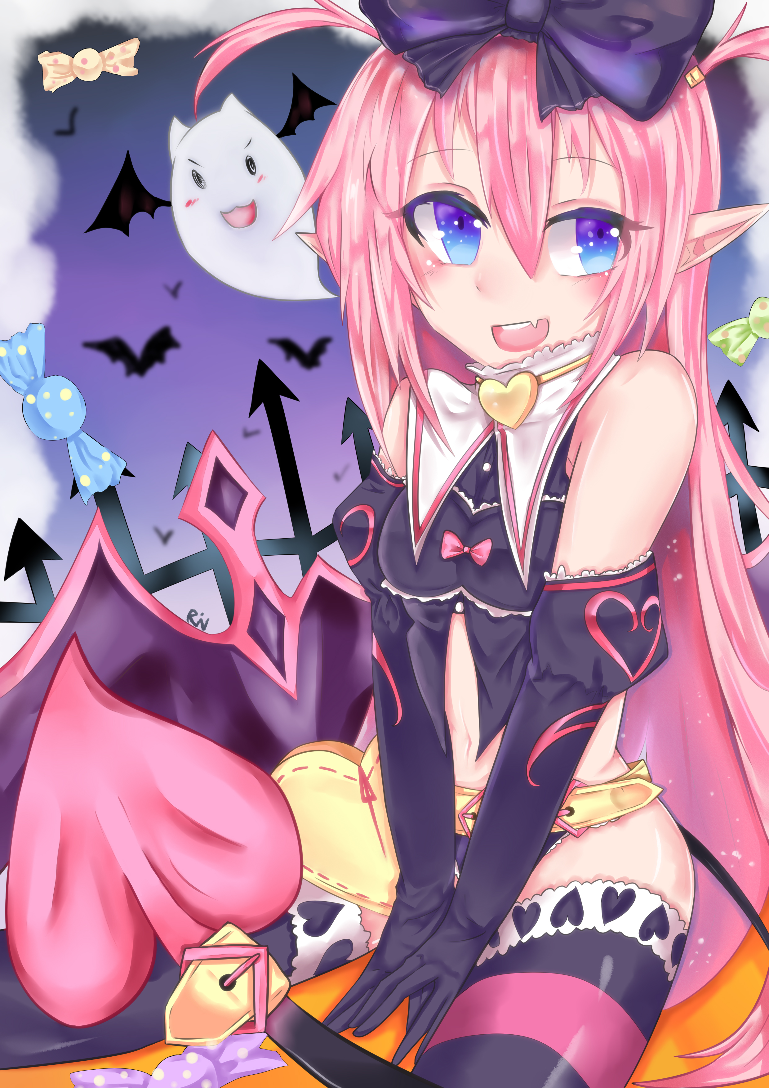 lilim (eco), emil chronicle online, absurdres, highres, 1girl, bare shoulders, bat (animal), belt bag, black gloves, black ribbon, black shorts, black tank top, black thighhighs, black wings, blue eyes, breasts, candy, capelet, demon tail, elbow gloves, fang, food, ghost, gloves, hair ribbon, heart, heart tail, long hair, medium breasts, melodycat85, micro shorts, open mouth, pink hair, pink thighhighs, pointy ears, ribbon, shorts, striped clothes, striped thighhighs, tail, tank top, thighhighs, two side up, white capelet, wings