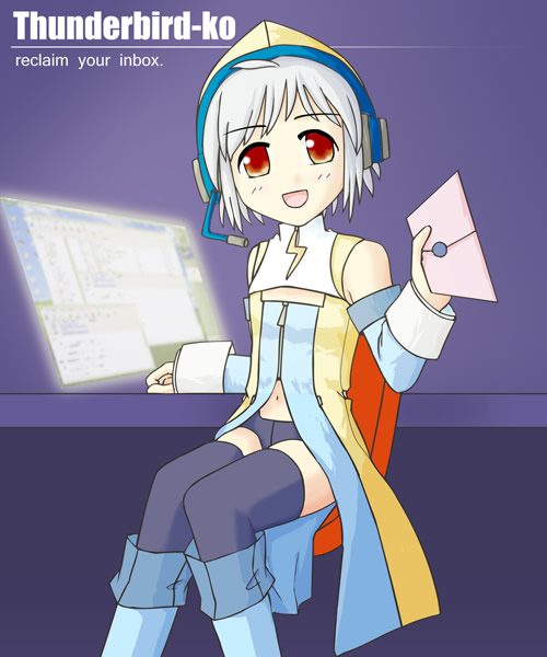 thunderbird-tan, mozilla thunderbird, os-tan, silver hair, 1girl, bare shoulders, black thighhighs, blue boots, boots, computer, detached sleeves, envelope, female focus, hat, headphones, headset, knee boots, letter, long sleeves, looking at viewer, navel, personification, red eyes, screen, short hair, short shorts, shorts, sitting, smile, solo, table, thighhighs, zettai ryouiki, zipper