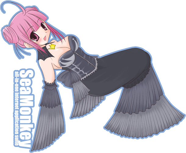 rima (rimarip), seamonkey, os-tan, 1girl, ahoge, bare shoulders, blush, breasts, character name, cleavage, crown, detached collar, double bun, dutch angle, english text, female focus, fins, from side, full body, hair bun, large breasts, looking at viewer, mermaid, monster girl, outline, pink eyes, pink hair, short hair, sidelocks, simple background, sitting, smile, solo, strapless, tube top