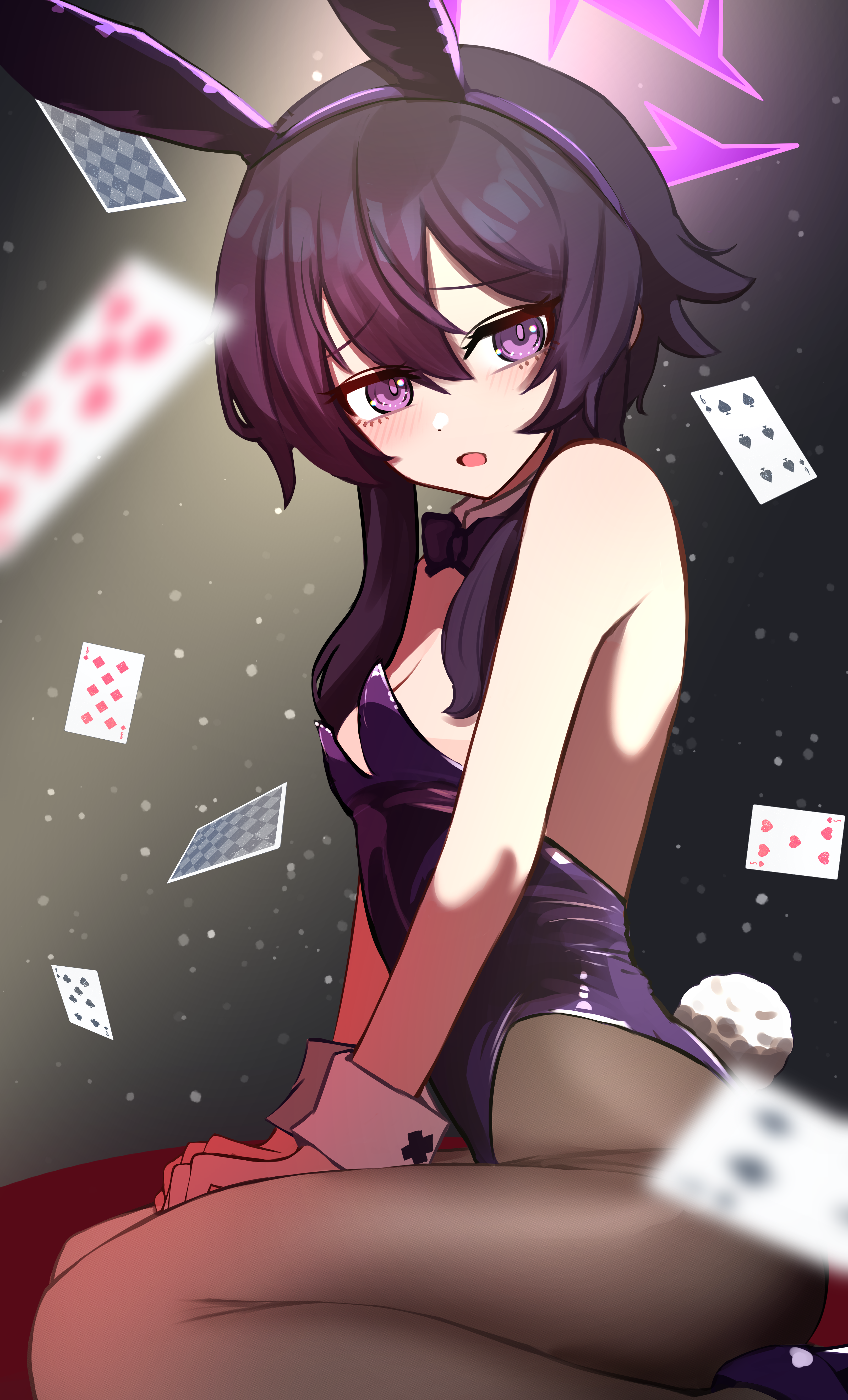 nikaidou tetsuo, haruka (blue archive), blue archive, absurdres, commentary, highres, 1girl, alternate costume, animal ear hairband, animal ears, bare shoulders, bow, bowtie, breasts, card, cleavage, detached collar, eight of hearts, fake animal ears, fake tail, five of hearts, from side, hairband, halo, highleg, leotard, light blush, light particles, looking to the side, open mouth, pantyhose, playboy bunny, playing card, purple eyes, purple hair, purple halo, purple leotard, rabbit ear hairband, rabbit ears, rabbit tail, seven of clubs, six of spades, small breasts, solo, strapless, strapless leotard, tail, traditional bowtie, white wrist cuffs, wrist cuffs
