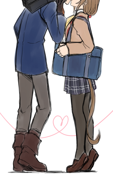 takano (yotakanoyume), aikawa miyuu, hashigami sarai, occultic;nine, science adventure, 1boy, 1girl, ascot, bag, black bag, black pantyhose, black skirt, blue coat, boots, brown boots, brown hair, brown jacket, brown pants, brown shoes, carrying over shoulder, coat, height difference, jacket, kiss, long hair, miniskirt, pants, pantyhose, plaid clothes, plaid skirt, school bag, school uniform, shoes, skirt, tiptoes, very long hair, yellow ascot