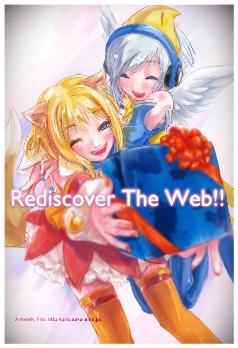 piro (artist), piro (piro r), mozilla firefox, mozilla thunderbird, os-tan, 2girls, animal ears, blush, boots, closed eyes, fox ears, fox tail, gift, happy, headphones, multiple girls, one eye closed, orange boots, orange hair, personification, tail, thigh boots, thighhighs, white hair, wings, wink