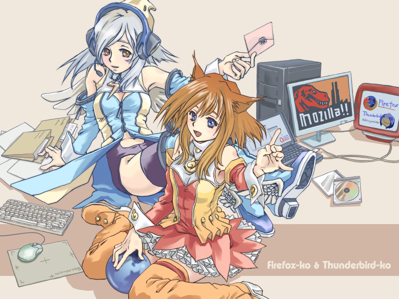 piro (artist), temp h, mozilla firefox, mozilla thunderbird, os-tan, silver hair, highres, 2girls, n/, animal ears, bare shoulders, blue eyes, blue hair, boots, breasts, brown hair, cleavage, cleavage cutout, clothing cutout, computer, computer keyboard, computer mouse, detached sleeves, dress, earth (planet), folder, fox ears, fox shadow puppet, frills, globe, headphones, headset, high heels, instrument, keyboard, laptop, monitor, multiple girls, orange boots, personification, planet, shoes, sitting, skirt, thigh boots, thighhighs, wings, zipper