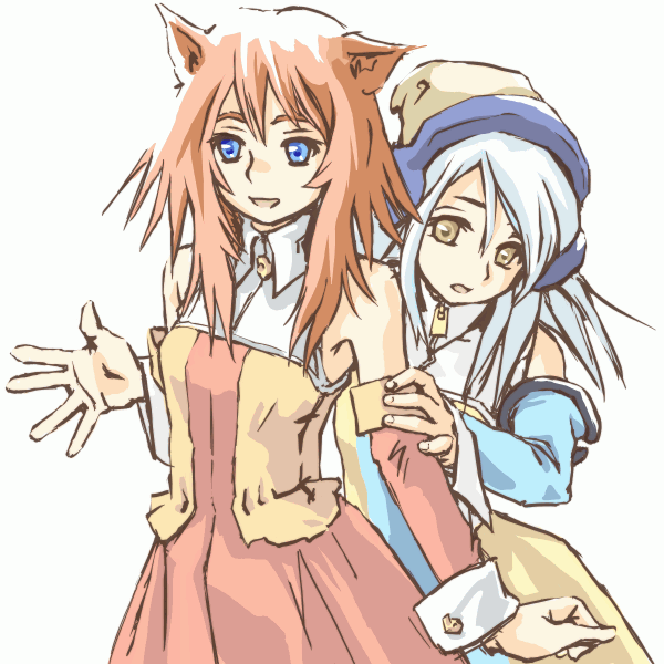piro (artist), piro (piro r), mozilla firefox, mozilla thunderbird, os-tan, 2girls, animal ears, blue eyes, brown eyes, detached sleeves, dress, multiple girls, orange hair, personification, white hair